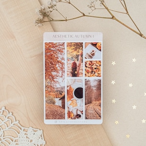 May include: A set of nine aesthetic autumn themed stickers featuring images of fall foliage, a woman in a red hat, a cup of coffee, and a train track. The stickers are arranged in a grid pattern and have the text "AESTHETIC AUTUMN I" at the top.