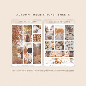 May include: Two sticker sheets with an autumn theme. The first sheet features images of fall foliage, a coffee cup, a train track, and a woman wearing a red hat. The second sheet features images of a bicycle, a bridge, a book, and pine cones. The text "Aesthetic Autumn 1" and "Aesthetic Autumn 2" is printed on the sheets.