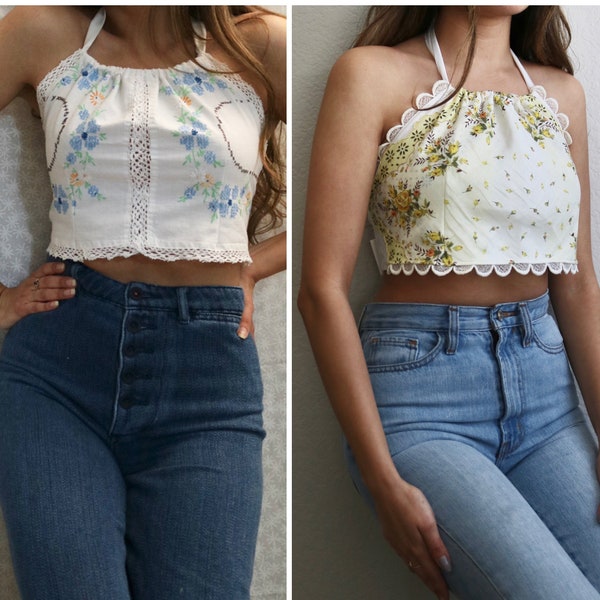 Made to Order Halter Top, Upcycled vintage Linens, Tie Back Crop Top, Repurposed, Brodé à la main