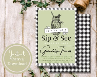 Plaid Sip and See Baby Shower Invitation