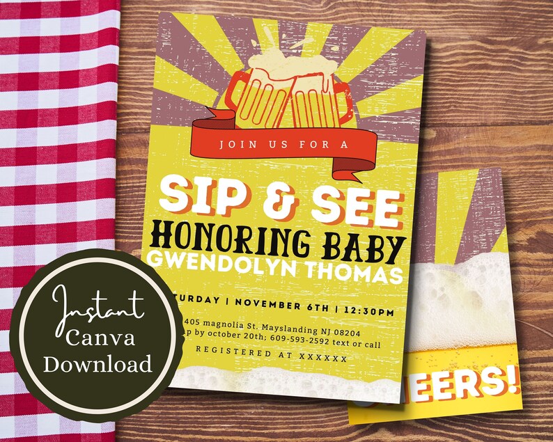 Beer Sip and See Baby Shower Invitation Canva Template Etsy