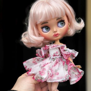 Custom OOAK Blythe Doll: Handcrafted Art Doll with Floral Dress