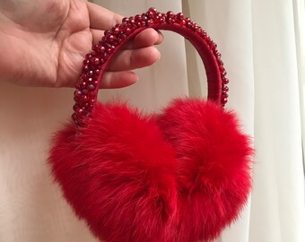 Winter rabbit earmuffs for women with crystal headband ,Winter earmuffs for girls, red winter earmuffs, fluffy earmuffs Warm earmuffs