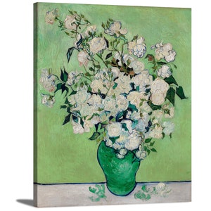May include: A painting of a bouquet of white roses in a green vase against a green background. The roses are painted in a style reminiscent of Vincent van Gogh.