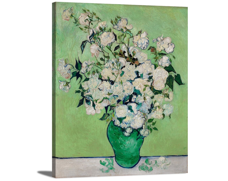 May include: A painting of a bouquet of white roses in a green vase against a green background. The roses are painted in a style reminiscent of Vincent van Gogh.