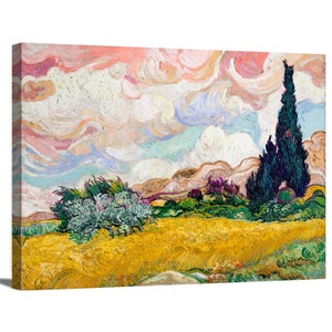 May include: A painting of a landscape with a field of yellow wheat, a group of trees, and a tall, dark cypress tree in the background. The sky is a vibrant pink and blue with swirling clouds.