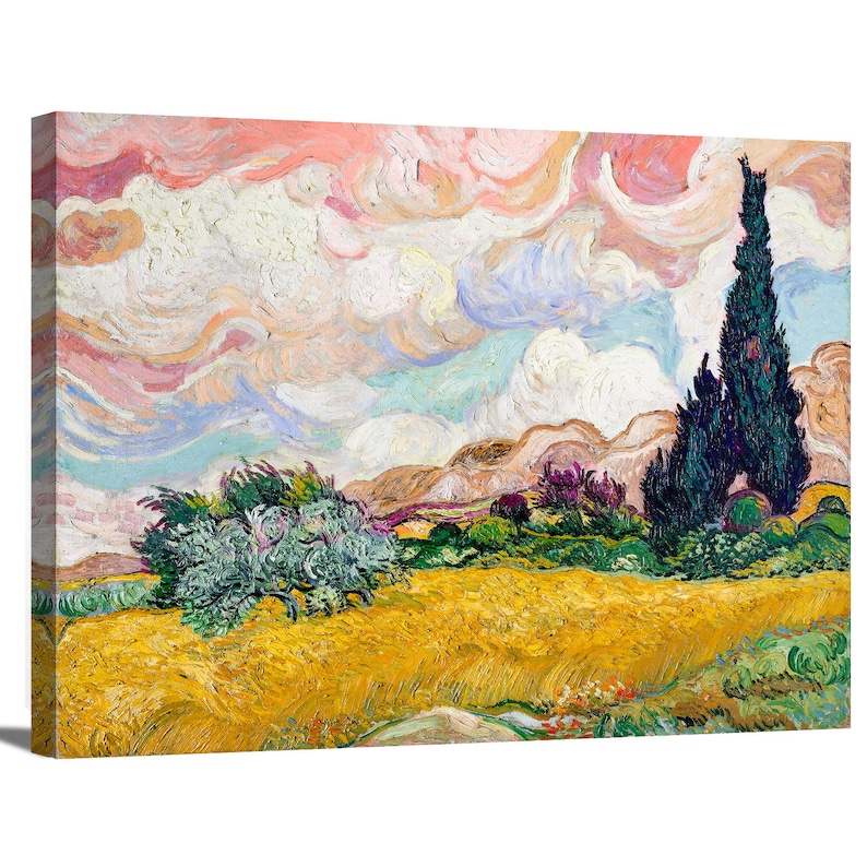 May include: A painting of a landscape with a field of yellow wheat, a group of trees, and a tall, dark cypress tree in the background. The sky is a vibrant pink and blue with swirling clouds.