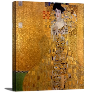 May include: A painting of a woman in a gold dress with a geometric pattern. The background is a gold leaf with a textured surface.