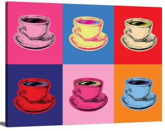 Könnte beinhalten: Sechs bunte Illustrationen von Kaffeetassen mit Untertassen. Jede Tasse ist mit Kaffee gefüllt und hat eine andere Farbe. Die Tassen sind in einem Raster angeordnet.
