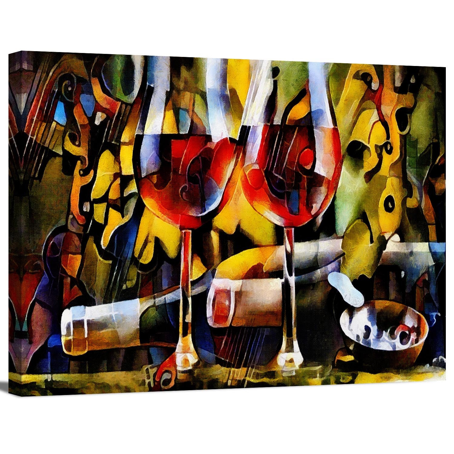 Red Wine Glasses in Abstract Cubism Still Life Wine Bottles Etsy