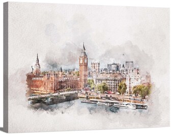 Canvas Tote Bag with Leather Strap Printed Doodle of Big Ben Tower WAS_29 Canvas Tote Bag with Leather Strap Printed Doodle of Big Ben Tower WAS_29