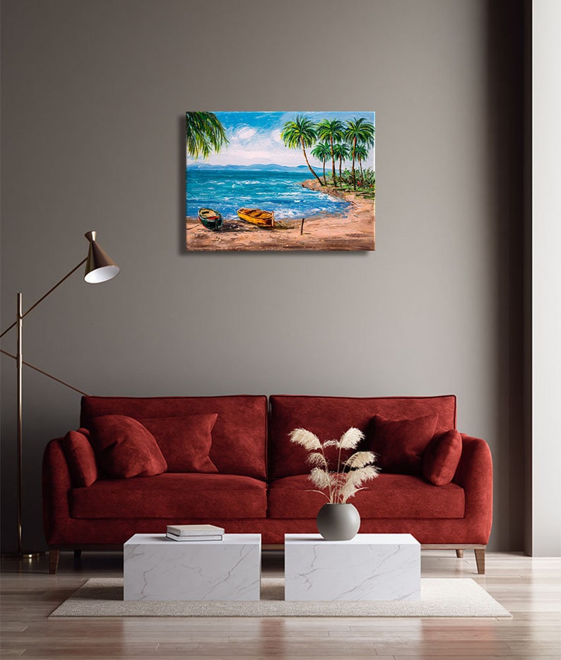 Paradise Tropical Island Beach Oil Painting Ocean Sea Palm Tree Floral ...