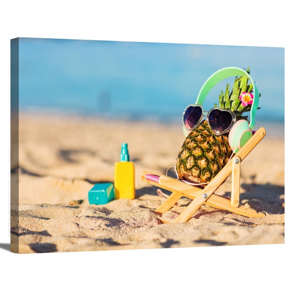 Sunbathing Pineapple on Tropical Beach Summer Poster Print Sand Ocean  Nature Modern Food Humor Art Wrapped Canvas Wall Art Home Decoration 
