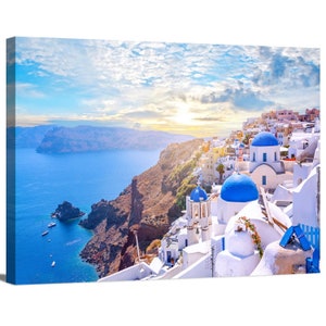 Beautiful Oia Town on Santorini Island, Greece Architecture Churches Blue Domes over Aegean Sea Wrapped Canvas Print Wall Art Home Decor