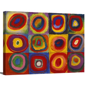 May include: Abstract painting with a grid of 12 squares, each containing a concentric circle design in various colors, including red, yellow, blue, green, and purple.