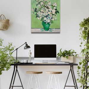 May include: A painting of a bouquet of white roses in a green vase against a green background.