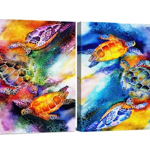 Rainbow Sea Turtles Watercolor Sea Life Colorful Animal Artwork Framed Canvas Print Wall Art Office Decor Modern Beautiful Home Decorations