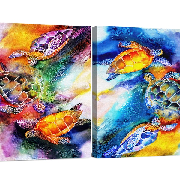 Rainbow Sea Turtles Watercolor Sea Life Colorful Animal Artwork Framed Canvas Print Wall Art Office Decor Modern Beautiful Home Decorations