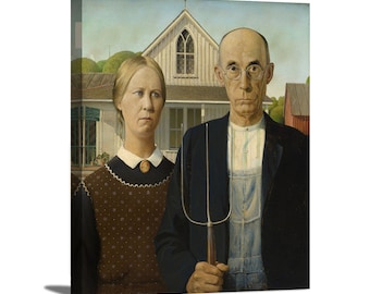 May include: A painting of a couple standing in front of a house. The woman is wearing a brown dress with a white collar and a small brooch. The man is wearing a dark suit with a white shirt and a blue bib overall. He is holding a pitchfork. The house is white with a green roof and a red barn in the background.