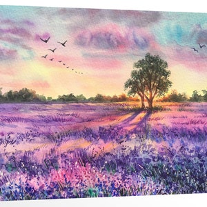 Purple Flower Field Sunset Painting Watercolor Birds Artwork Framed Canvas Print For Modern office Home Decoration