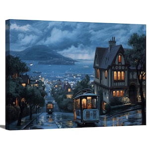 San Francisco After Rain Scenic Wall Art Painting Landscape Cityscape Cable Car Artwork Gallery Wrapped Canvas Print Office & Home Decor