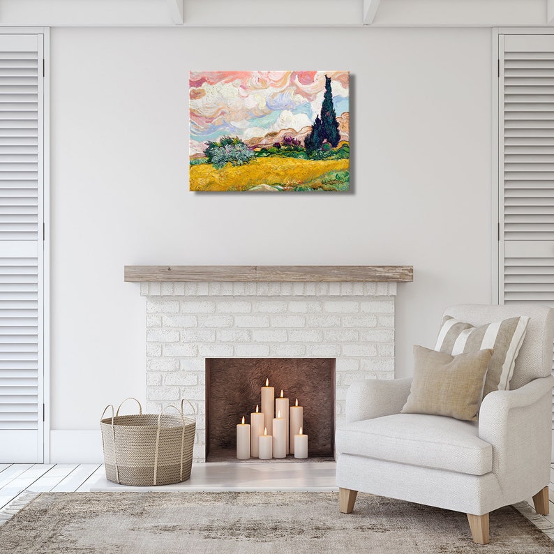 May include: A painting of a landscape with a yellow field, green trees, and a tall, dark cypress tree against a pink and blue sky.