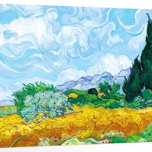 May include: A painting of a landscape with a field of yellow wheat in the foreground. There are trees in the background, including a tall, thin cypress tree. The sky is blue with white clouds.