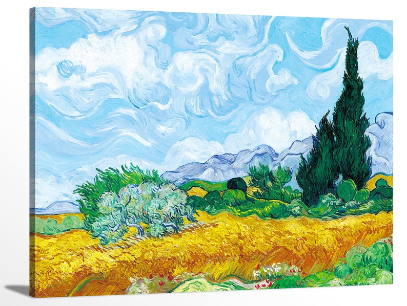 May include: A painting of a landscape with a field of yellow wheat in the foreground. There are trees in the background, including a tall, thin cypress tree. The sky is blue with white clouds.
