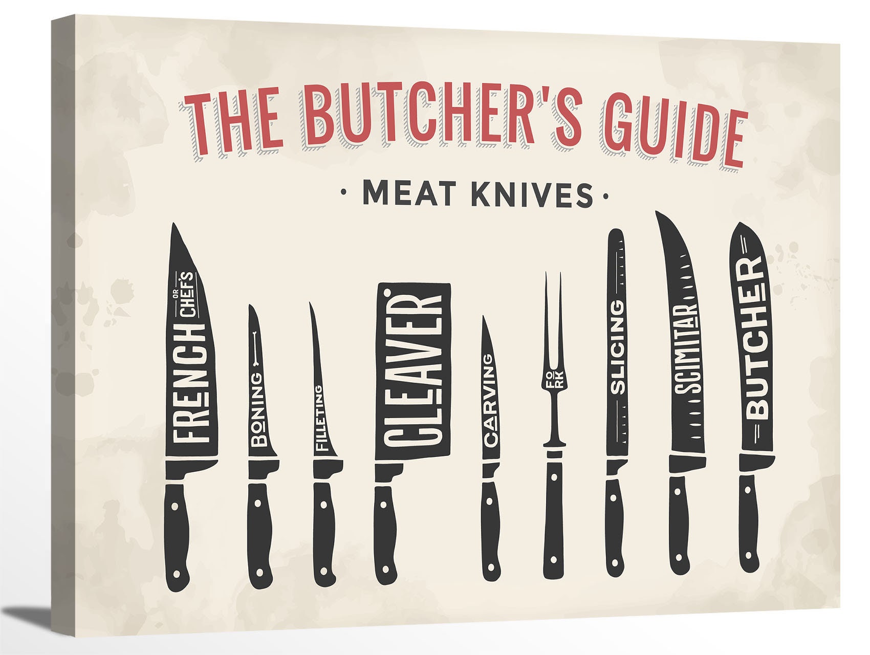 The Butcher Meat Cutting Knives Set F&B Educational Diagram Wrapped Canvas  Print Wall Art Butcher Shop Meat Market Kitchen Restaurant Decor 