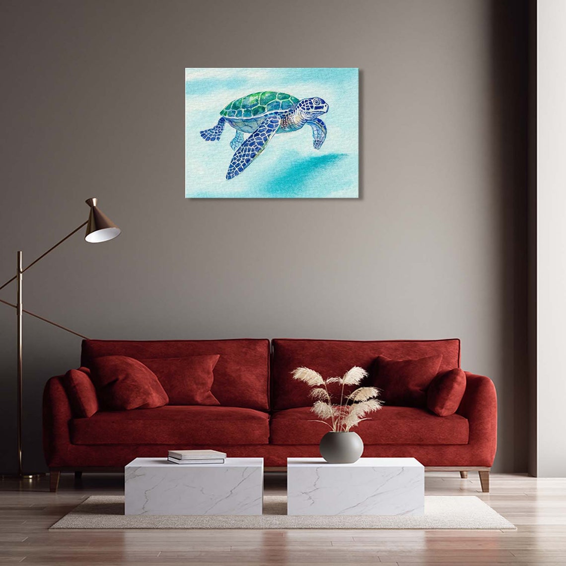 Watercolor Portrait of Sea Turtle in Blue Ocean Background - Etsy