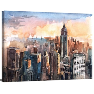 New York City Manhattan Skyscrapers at Sunset Cityscape Skyline Watercolor Painting Wrapped Canvas Wall Art Poster Print Home Decor Office