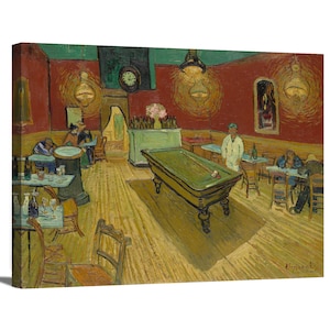 May include: A painting of a billiards room with a green pool table in the center. The room is dimly lit with a red wall and wooden floor. There are several people playing billiards and sitting at tables. The painting is by Vincent van Gogh and is titled "The Night Cafe".