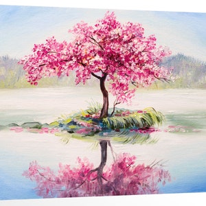 Cherry Blossom Sakura Tree on The Lake Oil Painting Landscape Nature Canvas Framed Canvas Print Wall Art Office Decor Home Decorations