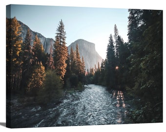 Sunrise at Yosemite Valley National Park Forest Landscape Nature Scenery Photograph River Mountain Wrapped Canvas Print Wall Art Home Decor