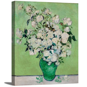 May include: A painting of a bouquet of white roses in a green vase against a green background. The roses are arranged in a loose, natural style, and the vase is simple and elegant.