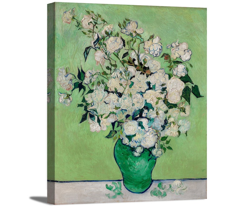 May include: A painting of a bouquet of white roses in a green vase against a green background. The roses are arranged in a loose, natural style, and the vase is simple and elegant.