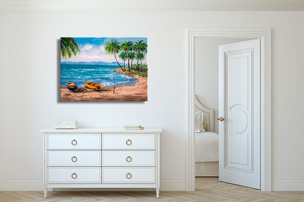 Paradise Tropical Island Beach Oil Painting Ocean Sea Palm Tree Floral ...