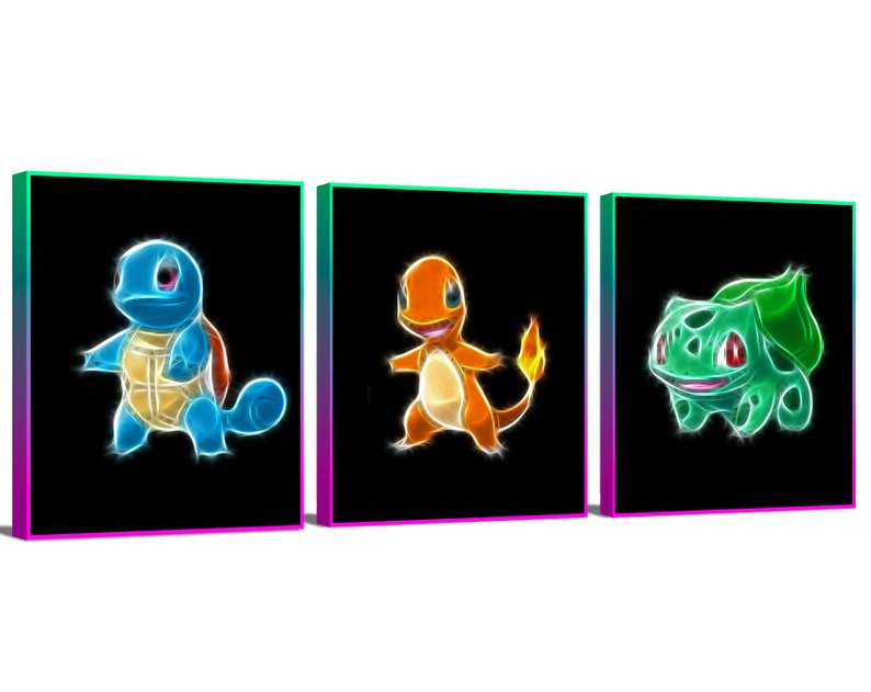 Bulbasaur,Squirtle and Charmander Glow Neon Poster Prints Artwork Gallery Wrapped Canvas Print Wall Art Gift for Kids, Teens 