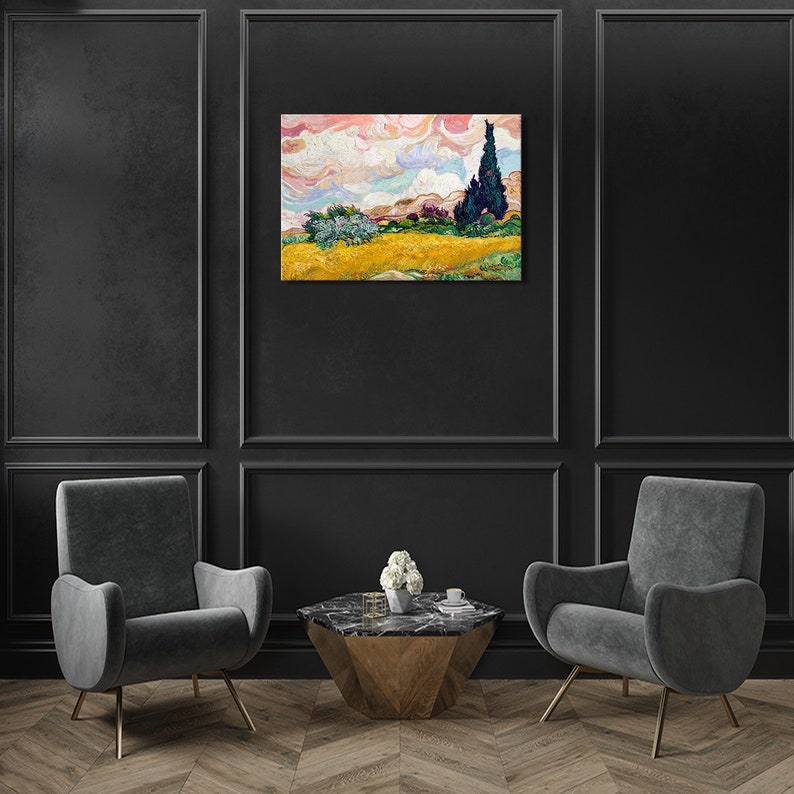 May include: A painting of a landscape with a yellow field, green trees, and a blue sky with white clouds. The painting is in a modern style with thick brushstrokes.