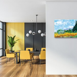 May include: A painting of a landscape with a field of yellow wheat, a blue sky with white clouds, and a row of green trees in the background.