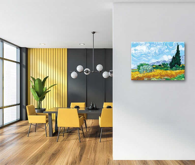 May include: A painting of a landscape with a field of yellow wheat, a blue sky with white clouds, and a row of green trees in the background.