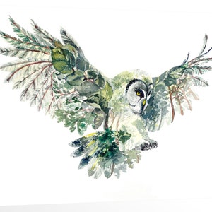 Hibou volant avec arbres feuilles forêt double exposition nature animal oiseau illusion art toile tendue impression murale art bureau déco maison