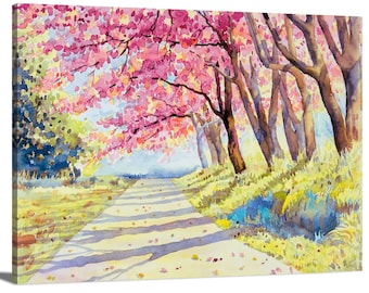 May include: Watercolor painting of a path lined with pink flowering trees. The path is lined with trees with pink blossoms and the sun is shining through the branches. The path is lined with trees with pink blossoms and the sun is shining through the branches. The path leads to a bright, sunny area.