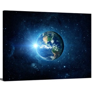 Sunrise over Planet Earth in Space Galaxy Sun Star Astronomy Digital Art Wrapped Canvas Print Wall Art Office Decor Home Decor For Man Cave