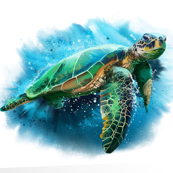 Sea Turtle in Blue Sea White Background Watercolor Animal Artwork Gallery Wrapped Framed Canvas Print Wall Art Office Decor Home Decorations