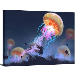 Girl Watching Jellyfish Flying in the Sky Fantasy Painting Art Canvas ...