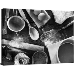 Black & White Photo of Kitchen Items and Food Ingredient on Wood Table Wrapped Canvas Print Wall Art Home Decor Restaurant Decor Kitchen