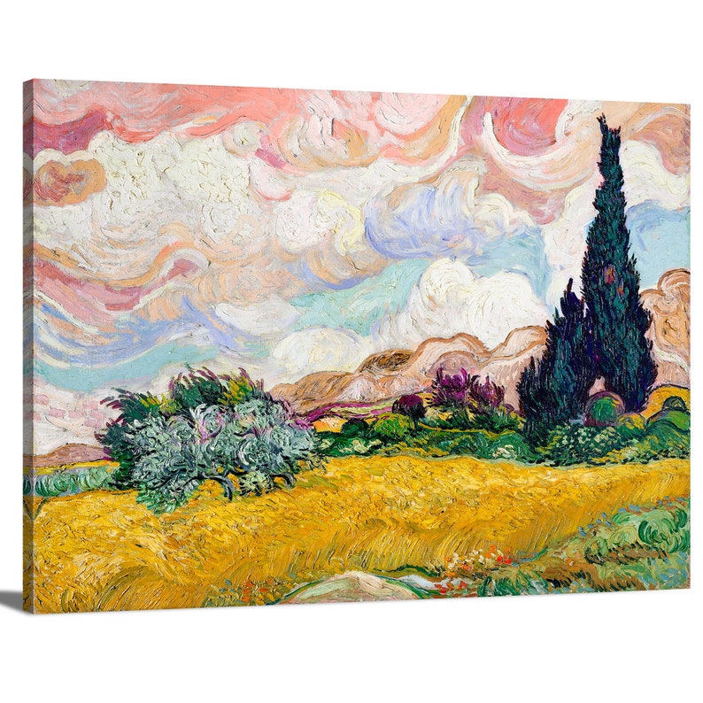 May include: A painting of a landscape with a field of yellow wheat in the foreground, a group of trees in the middle ground, and a blue sky with white clouds in the background. The sky is painted in a swirling, abstract style.