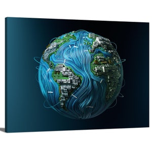 May include: A 3D rendering of a globe made of circuit boards and blue cables. The globe is set against a dark blue background.