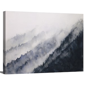 Watercolor Abstract Landscape Mountain fog Black & White Ink Wash Painting Nature Scenic Wrapped Canvas Print Wall Art Office  Home Decor